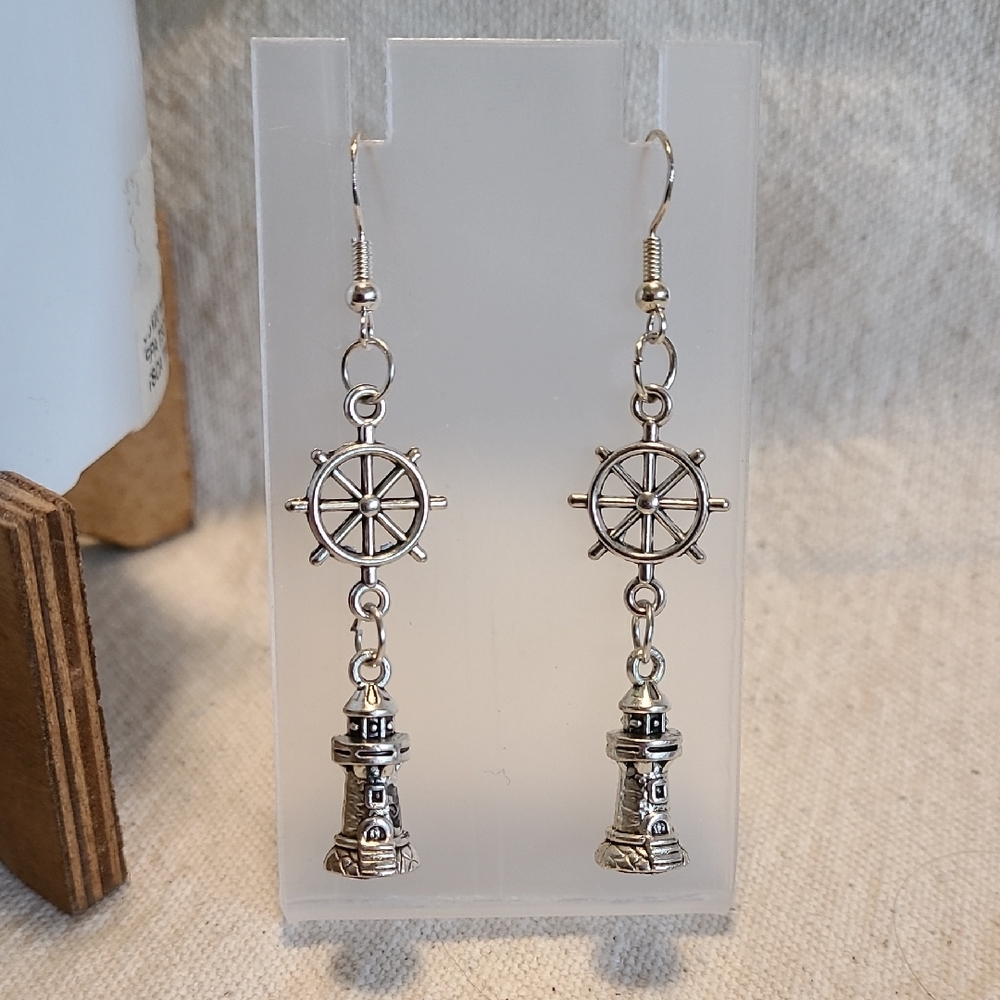 Handcrafted Silver Nautical Wheel and‎ Lighthouse Dangle Drop Earrings NEW 2.5"